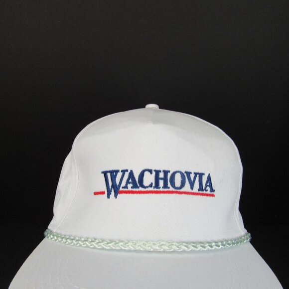 Wachovia Emb Logo Men's White Wide Brim w/Braid Adj Strap Back Trucker Cap Hat - Picture 1 of 8
